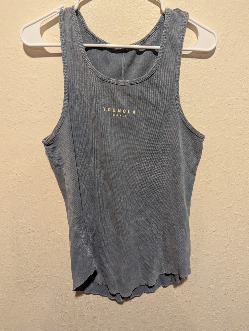 Young LA Women’s Large Baby Blue Graphic Tank Top Raw Hem Cotton Lyra Y2k